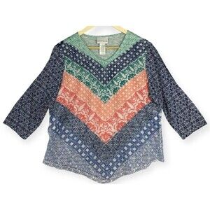 Alfred Dunner Top Womens Large Blingy Mesh Overlay Geometric  Multicolor 3/4 Slv